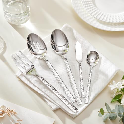 Image of KINGSTONE 45 Piece Hammered Silverware Set with Serving Utensils, 18 /10 Stainless Steel Flatware Set for 8, Cutlery Set for Home, Party, Wedding, Mirror Polished Dishwasher Safe