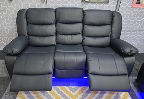 Madrid Leather Electric Recliner Sofa With Cupholders - Leather Sofa - 3+2 Seater - USB Charging Ports - LED Lights (Black 3 Seater)