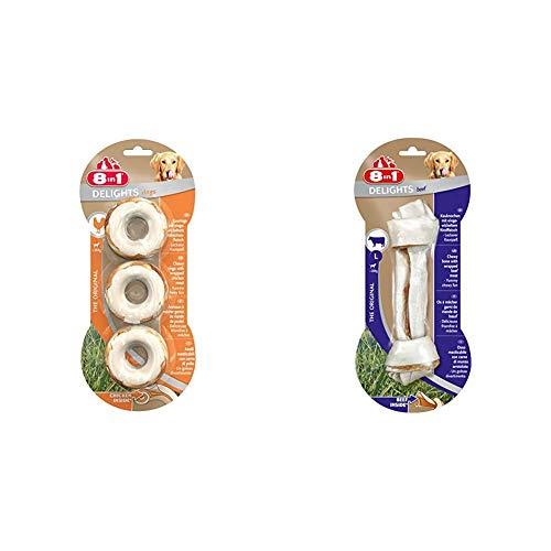 8in1 Delights Chicken, gesunder Kauksnack für Hunde, hochwertiges Hähnchenfleisch eingewickelt in Rinderhaut & Delights Beef Kauknochen L, gesunder Kausnack für große Sensible Hunde, 1 Stück (85 g)