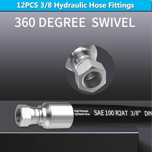 Image of 12PCS 3 /8 inch JIC 37 Female Hydraulic Hose Fittings, Hydraulic Hose Crimp Fitting Ends for Air Hose Repair Kit