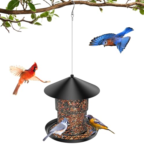 Bird Feeder for Outdoor Hanging, Mess Free Birdfeeder for Outdoor, Squirrel Proof Bird Feeder w/Catch Tray - All-Metal for Outside Hanging to Attracting Birds