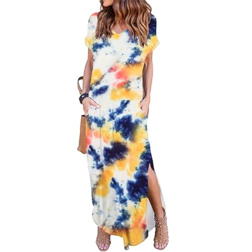 HUSKARY Women's Summer Maxi Dress Casual Loose Pockets Long Dress Short Sleeve Split Maxi Dresses X-Small Army Green 01