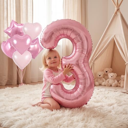 Image of TONIFUL 3rd Birthday Balloons Kit 40 Inch Pink Large Number 3 Foil Balloon