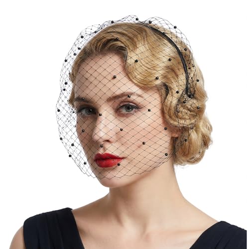 cobee Black Mesh Veil Headband 1920s, Headpiece Birdcage Veil for Women