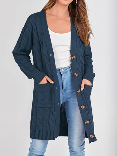 Image of PRETTYGARDEN Long Sleeve Cable Knit Long Cardigan for Women 2026 Spring Winter Chunky Open Front Button Sweaters with Pockets