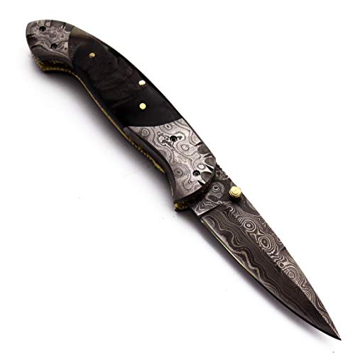 Wolfklinge Handmade Damascus Steel Pocket Knife For Hunting, Survival, Camping, Skinning, Bushcraft, Foldable Blade Full Tang Sheep Horn Bone Handle, With Cowhide Leather Sheath - Dcf18-97 #TOP2