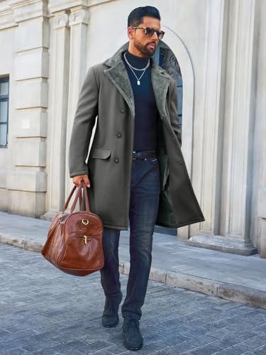 Image of Runcati Mens Trench Coat Double Breasted Notched Collar Fleece Jacket Slim Fit Fall Winter Fuzzy Pea Coats Warm Overcoat