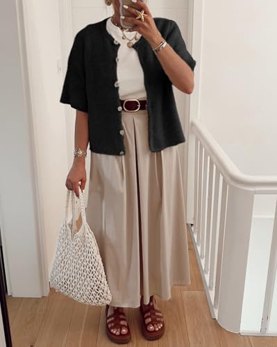 Image of Women Knitted Crop Cardigan Blouse Short Sleeve Button Down Sweater Shirt Y2k Open Front Cardigan Top Streetwear