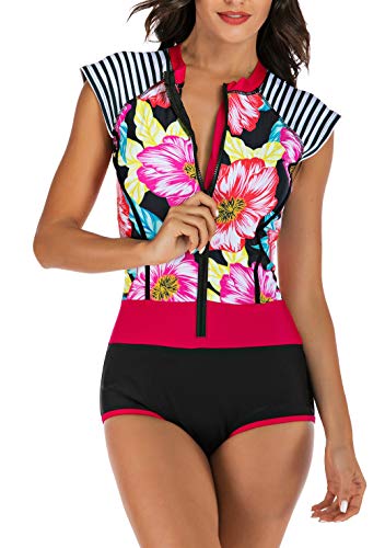 Yateen Womens Rash Guard Zip Front Sleeveless One Piece Swimsuit Black/Red