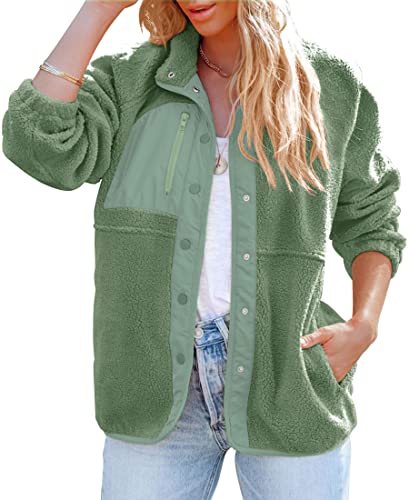 Zesica Women's Fall Winter Sherpa Fleece Jacket Casual Long Sleeve Button Down Fuzzy Shacket Outerwear Coat,Greygreen,Small #TOP9