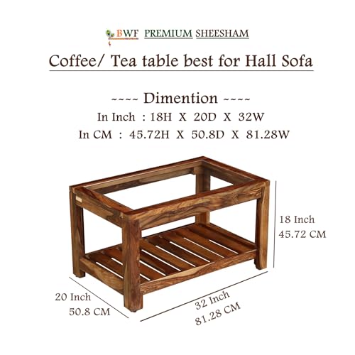 Image of BWF Premium Sheesham Wood Glass Top Coffee Table | Solid Wooden Centre Table with Bottom Storage Shelf | Living Room, Hall & Office Sofa Table | 32D x 20W x 18H Inches | Natural Wood Finish | BP-031