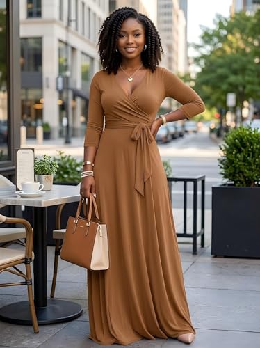 Image of PinkPatty Women's Plus Size Maxi Dresses Casual Flowy 3 /4 Sleeves Dress Printed Vacation Dress for Daily Wear with Belt