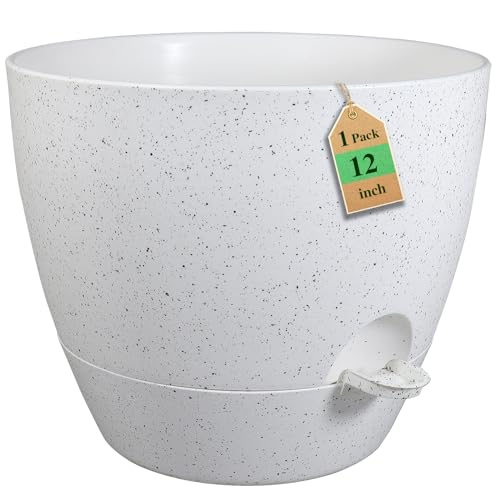 WSMKSZ 12 inch Large Self Watering Pots, Planter, Plant Pots with Multi Mesh Drainage Holes for Indoor Outdoor House Plants and Garden, Plastic Flower Pots with Deep Reservoir, Speckled White