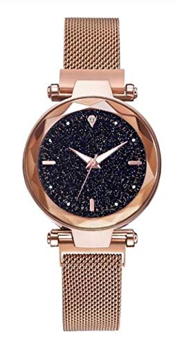 Preisvergleich Produktbild Milanaise Damenuhr - Magnetarmband - Rotgold matt - Zifferblatt schwarz Sterne mit 1 kleinen Brillanten