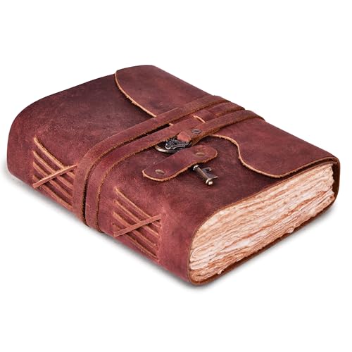 Image of LEATHER VILLAGE Black Leather Journal Key Lock, Mahogany Brown 10x7.