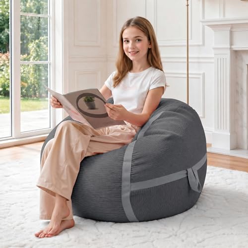 Image of 2FT Bean Bag Chair 2'Bean Bag Chairs with Memory Foam Filled Small Bean Bag | Bean bags with Washable Cover Fine Corduroy Fabric, Comfy Chairs for Living Room Bedroom Dorm, Darkgrey with Linghtgrey