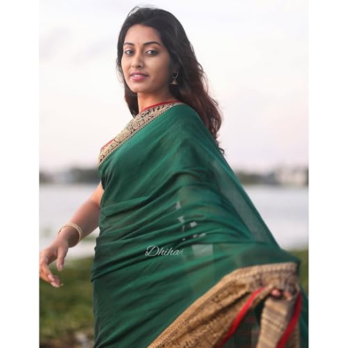 Image of Narayanpet Pure Cotton Avani Border Saree for Women with Running Blouse | Tassels | Traditional Woven Solid Design | Handloom Weave