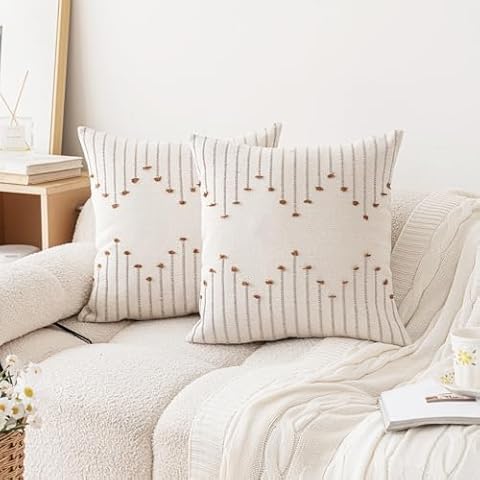 Joyfol Day Boho Throw Pillow Covers 20 x 20 inch Set of 2, Neutral Woven Decorative Couch Pillow Covers, Textured Sofa Cushion Case for Modern Farmhouse Home Decor, Beige and Brown Cover