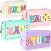 4Pcs Large Cosmetic Bag Preppy Makeup Bag Chenille Letter, PU Leather Waterproof Travel Organizer Hair Bags with Nylon Zipper Patches Makeup Organizer Bags Set for Women Girls