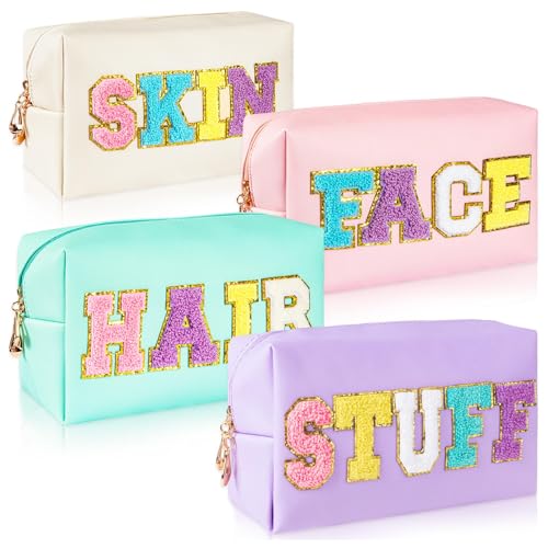 ZAUGONTW 4Pcs Large Cosmetic Bag Preppy Makeup Bag Chenille Letter, PU Leather Waterproof Travel Organizer Hair Bags with Nylon Zipper Patches Makeup Organizer Bags Set for Women Girls