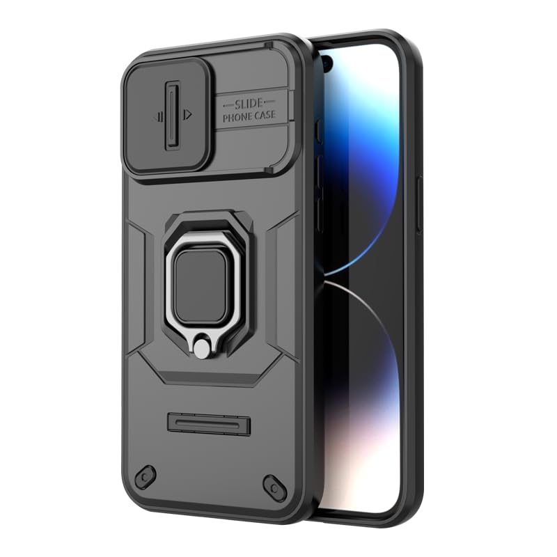 Image of Polycarbonate Camshield Pro Case With Slide Camera Protection And 360 Protection Ring Stand Bumper Back Case Cover For iPhone 15 Pro (Black)
