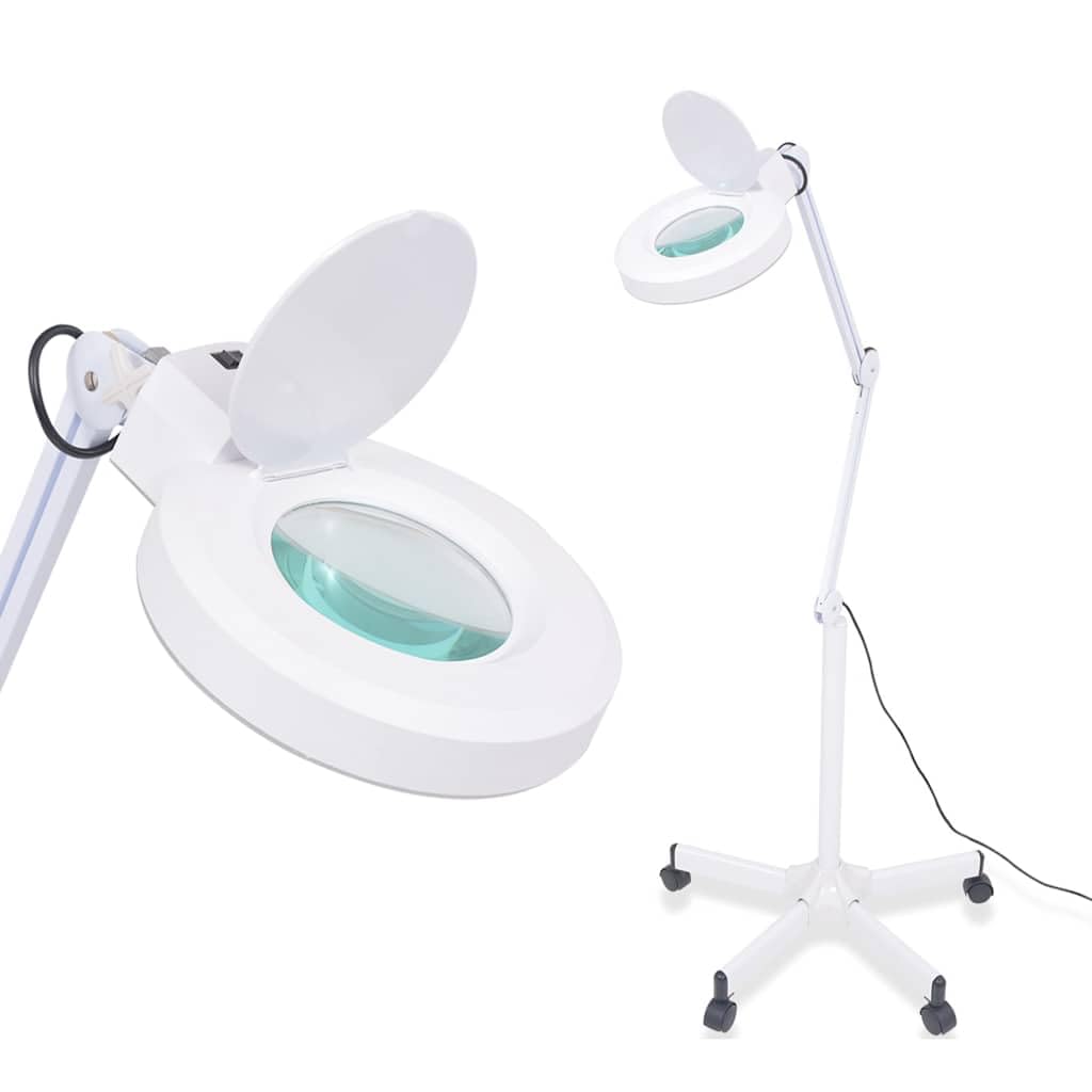 Lampa stojąca z lupą, biała, z 5 dioptriami i 2,75-krotnym powiększeniem, światło pierścieniowe LED, stojak z kółkami z regulacją wysokości, do warsztatu, salonu kosmetycznego, pedicure i