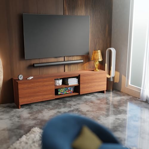 Image of Modern Living Room TV Stand with Open Display Compartment, Dual Side Storage Units, and Clean Contemporary Design for Home Decor | Assembly-DIY | Color-Cherry Pine