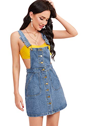 Milumia Women's Button Front Denim Skirt Adjustable Strap Pinafore Overall Deep Blue Medium