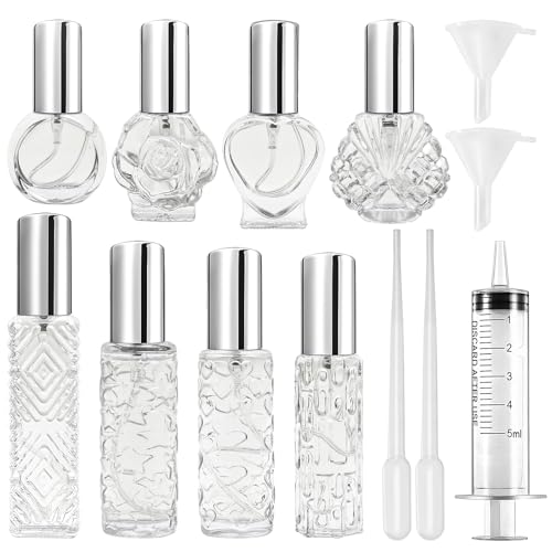 Maxumille 8 Pezzi Porta Profumo da Viaggio Ricaricabile 8~15ml, Mini Flacone Spray Vuoto con 5 Accessori, Atomizzatore Profumo da Borsetta in Vetro, Mini Dispenser Campioncini Portatile per Borsa