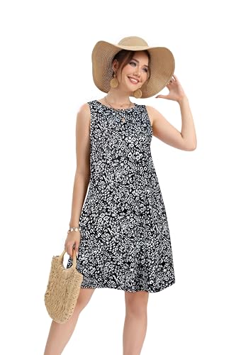 Image of elescat Women's Summer Dresses 2026 Beach Casual Sleeveless Floral Print Tank Loose Sundress with Pocket