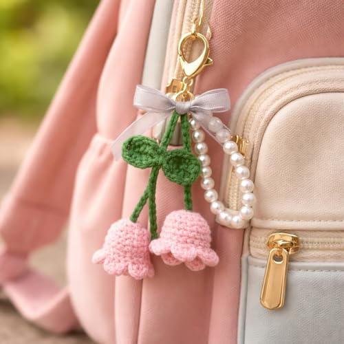 Image of Handmade Crochet Cherry Keychain for Girls & Women, Cute Pink Fruit Key Ring, Knitted Bag Charm for Purse, Backpack & Car Keys, Soft Yarn Handmade Gift, Aesthetic Accessory