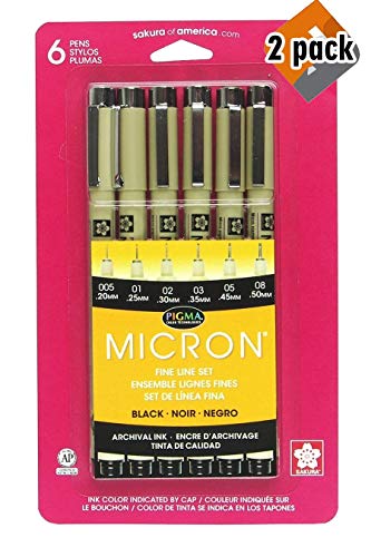 Sakura Pigma 30062 Micron Blister Card Ink Pen Set, Black, Ass't Point Sizes 6CT Set - 2 Pack
