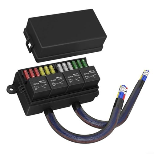 Caja de fusibles y relés de 12 V precableada con 4 relés de 40 A y 12 fusibles ATC/ATO en diferentes valores de amperaje para coches, camiones y barcos