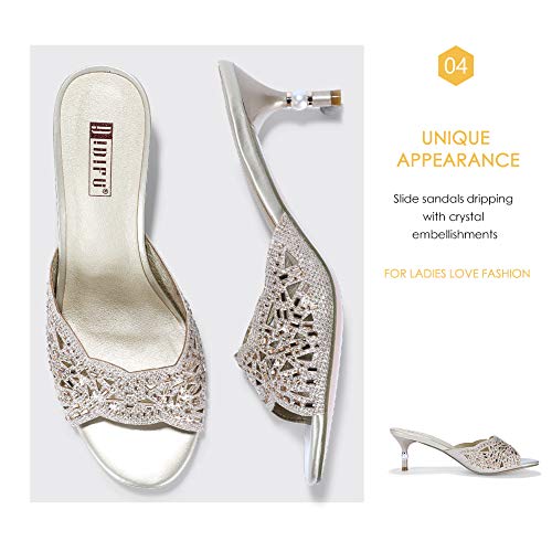 Idifu Womens Silver Gold Wedding Shoes For Bride Bridesmaid Low Kitten Peep Toe Heels Dress Sandals Glitter Formal Slide Mules With Heel(Gold Glitter, 10) #TOP5