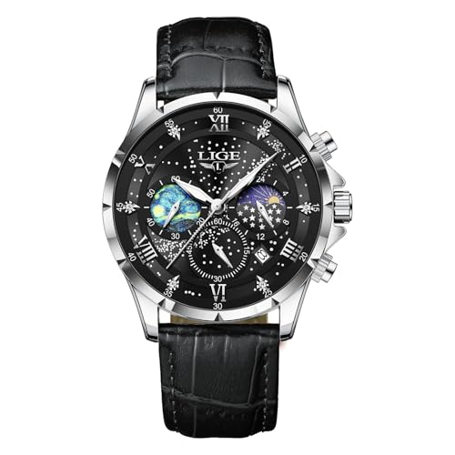 LIGE Montres Hommes Montre Chronographe Étanche à Quartz Phase De Lune en Noir Cuir Montre d'affaires Décontractée pour Hommes avec Affichage De La Date...