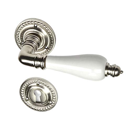 Kit de ferrure de porte antique avec manchons en céramique pour portes de chambre | Poignée avec poignées de porte et rosaces pour serrure à garnitures | Modèle 1910 en laiton nickelé mat Cover