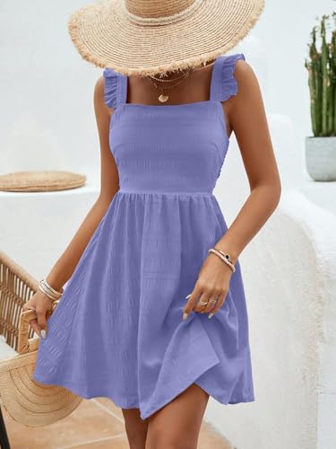Image of SISKIN Women's Summer Spaghetti Strap Sleeveless Square Neck Ruffle A Line Swing Mini Dress 2025