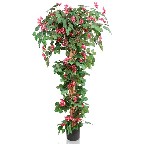  Damomo Albero artificiale di bouganville da 1,5 m con fiori, alberi ad alto fusto di bouganville finte, albero in fiore finto in vaso di plastica per decorazione portico anteriore interno o ufficio
