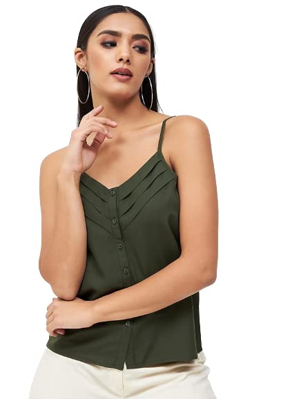 kibo Casual Women's Solid Polyester V Neck Top Dark Olive-picture-39