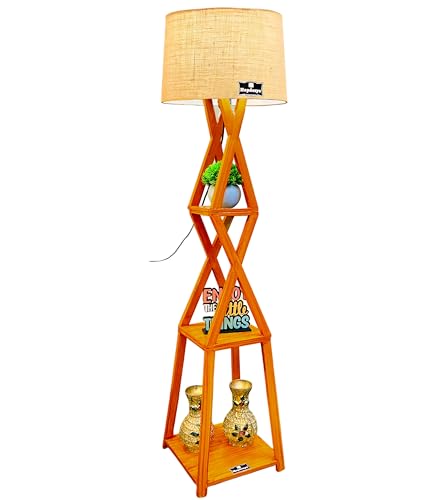 Image of Wooden Shelf Floor Lamp for Living Room & Bedroom Corners | Sofa Side Lamp | Home Decor Lighting with Khadi Shade