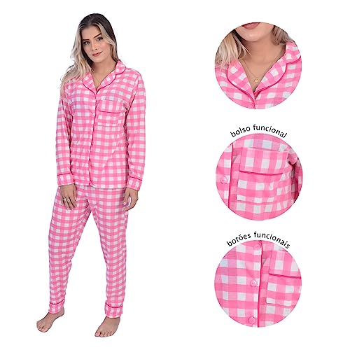 Pijama Feminino Inverno Adulto Americano Longo De Frio Malha Cor:Xadrez Rosa;Tamanho:P