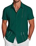 COOFANDY Men's Casual Dress Shirt Solid Short Sleeve Button Up Summer Shirts Cuban Shirt Dark Green