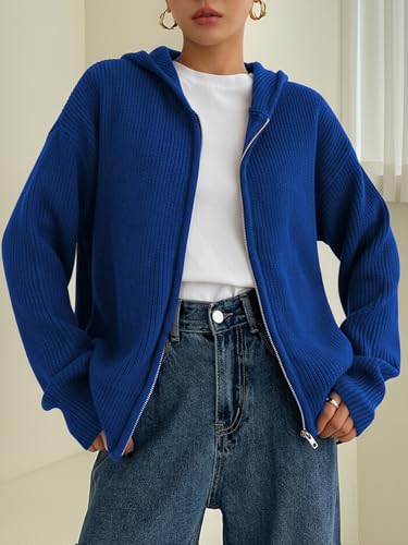 Image of SOLY HUX Zip Up Cardigan for Women Hooded Cardigan Sweater Knitted Drop Shoulder Fall Clothes Winter Hoodies Outerwear