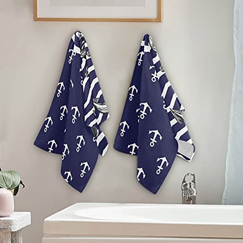 Anchor Bath Hand Towel 2 Pcs Absorbent Nautical White Stripe Hand Towels Sea Anchors Navy Blue Face Towel Soft Breathable Anchor Fingertip Towel For Bathroom Kitchen Hotel Spa Decor Gift 28.3X14.4In #TOP3