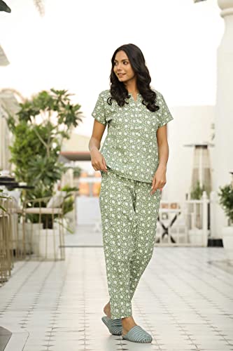 Image of SANSKRUTIHOMES Women's Premium 100% Cotton Printed Co-Ord Set | Short Sleeve Shirt & Pant Set | Pink Checkered Sun & Palm Tree Print | Casual Summer Resortwear, Vacation Wear & Comfortable Loungewear