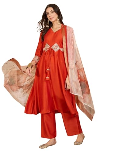 Image of EthnicJunction Women's Cotton Silk Embroidered Anarkali Kurta Palazzo with Digital Print Dupatta Set
