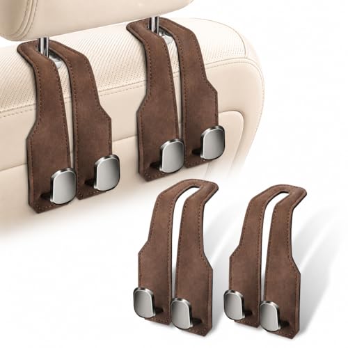 atFivoy 2Pcs Car Headrest Hooks with Premium Leather Upgraded Double Metal Hooks with Anti-Drop Design Universal Back Seat Hanger for Bags Coats Purses and Groceries (Stylish Brown)