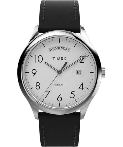 Timex Easy Reader   Reloj para Hombre de 40 mm, Pulsera en Piel Negra, Esfera Blanca, Caja en Tono Plateado TW2W68300