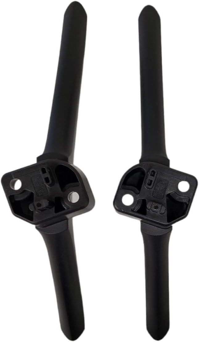 Underside view of two TV stand legs, showing the screw holes and alignment tabs.