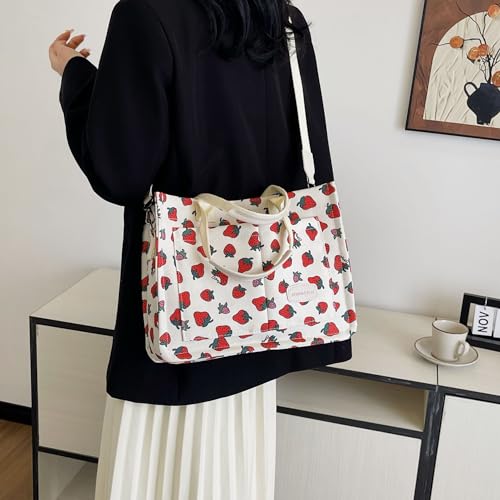 Image of Cherry Tote Bag for Women Canvas Patched Purse Cute Shoulder Bag Multi-Pocket Satchel Handbag for work travel